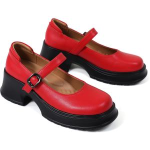 Mary Janes for Women Chunky Platform Mary Jane Heels Comfortable Dress Pumps Casual Office Work Shoes (6, Red)