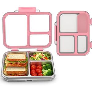 Stainless Steel Bento Box for Kids, 3-Compartment Metal Lunch Box with Clear Lid & Removable Silicone, Lunch Box Kids with Silicone Inner Container for Meal Prep, School, Office (Pink)