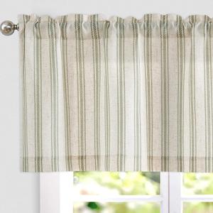 Jinchan Striped Valance Farmhouse Window Treatment Linen- Polyester Textured Drapes for Small Windows Kitchen Living Room RV Vintage Light Filtering Valance 16 Inch Rod Pocket 1 Panel Green on Beige