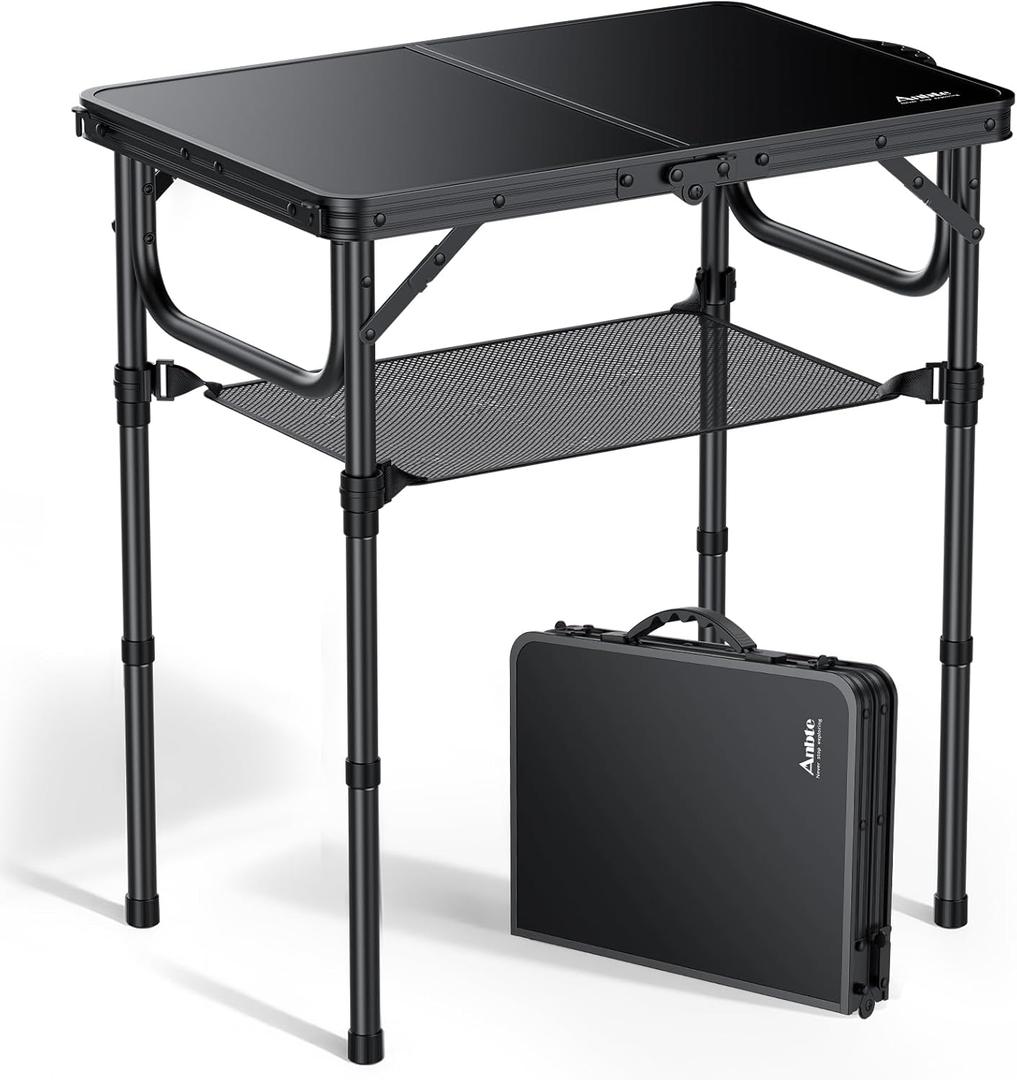 Anbte 2ft Folding Camping Table with Storage Net, 3 Adjustable Heights Small Folding Table Lightweight & Portable with Carry Handle, for Camping, Fishing, Picnic, Beach, Outdoor, 22.8" x 15.7", Black (24" x 16" x 26.3")
