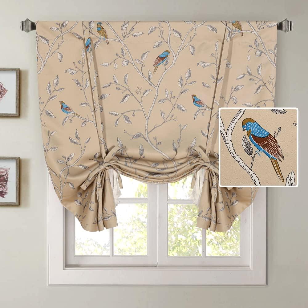 H.VERSAILTEX Blackout Tie Up Curtain 63 Inch Length Thermal Insulated Balloon Curtains Adjustable Kitchen Tie Up Curtain Rod Pocket Panel - 42x63 - Taupe Birds Pattern