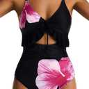 Women One Piece Swimsuit Tummy Control Ruffle Bathing Suit Cutout V Neck Swim Suit Ruched Slimming Swimwear (M, Orange Floral Print)