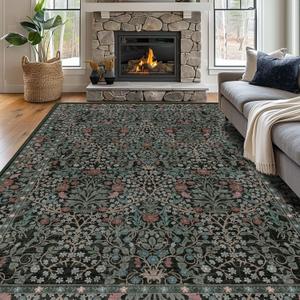shinefly 8x10 Washable Area Rugs for Living Room, Stain Resistant Vintage Rugs for Dining Room Under Kitchen Table, Bedroom, Floral Low Pile Non-Slip Large Carpet (8 x 10 Dark Green)
