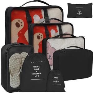 8 Set Packing Cubes for Suitcases, kingdalux Black Travel Luggage Packing Organizers with Laundry Bag, Compression Storage Shoe Bag, Clothing Underwear Bag, for Women & Man