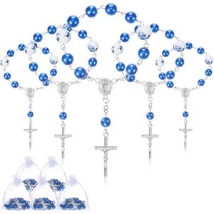 Yinkin 50 Pieces Blue Baptism Mini Rosaries Include 25 Pcs Blue Baptism Baby Rosary and 25 Pcs Organza Bags Baptismal Gifts Baby Christening Gifts for First Communion Decorations Party