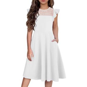 Flypigs Girl Dress Ruffle Short Sleeve Summer Wedding Party Formal Kids Girls Dresses White 12-13 Yearas