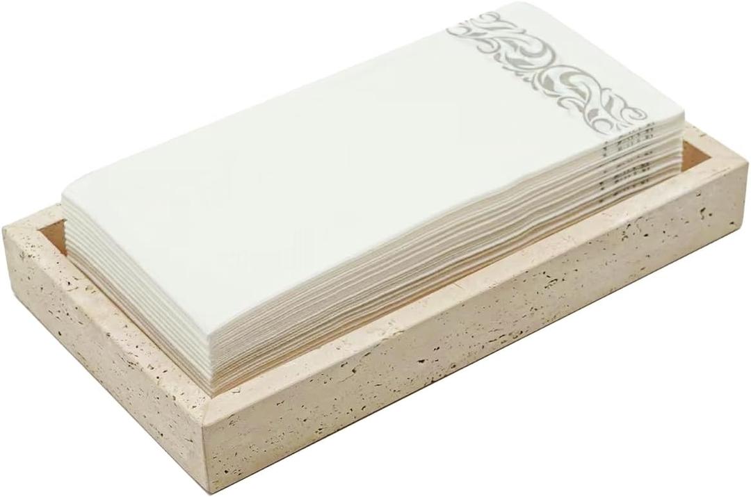 Natural Travertine Guest Towel Holder, Stone Napkin Holder for Bathroom,Gorgeous Bathroom Napkin Holder Tray, Stylish Guest Towel Holder Tray for Bathroom Toilet Dining Table, Beige (9.7x5.5 Inch)