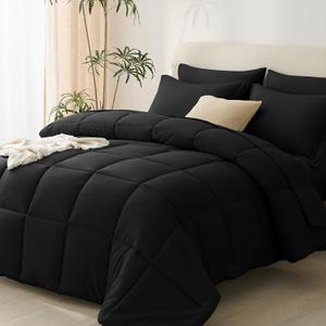 CozyLux Comforters Queen Size Set - 7 Pieces Bed in a Bag Black Queen, Complete Bedding Sets Bed Set for All Season with Down Alternative Comforter, Sheets, Pillowcases & Shams
