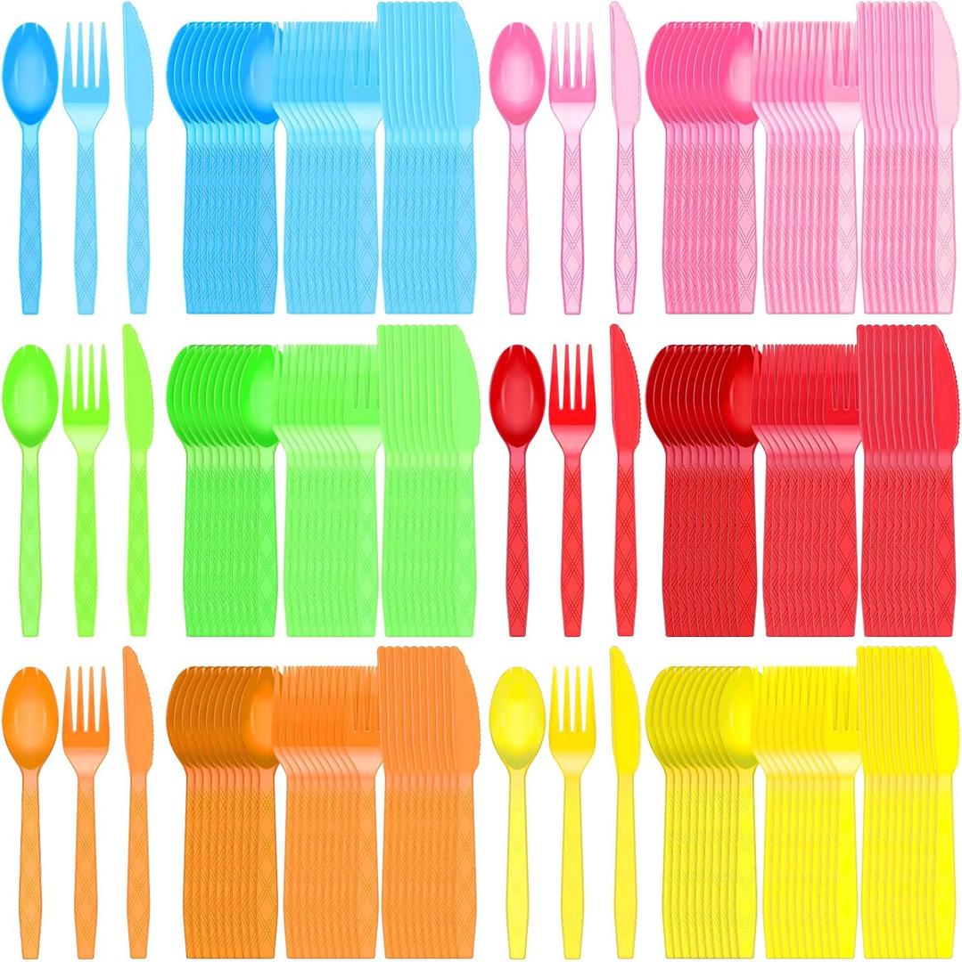 Hoolerry 180 Pcs Neon Party Plastic Silverware Set Colorful Rainbow Disposable Cutlery Bulk Includes Forks Spoons Knives for Parties Supplies Favors, 6 Colors
