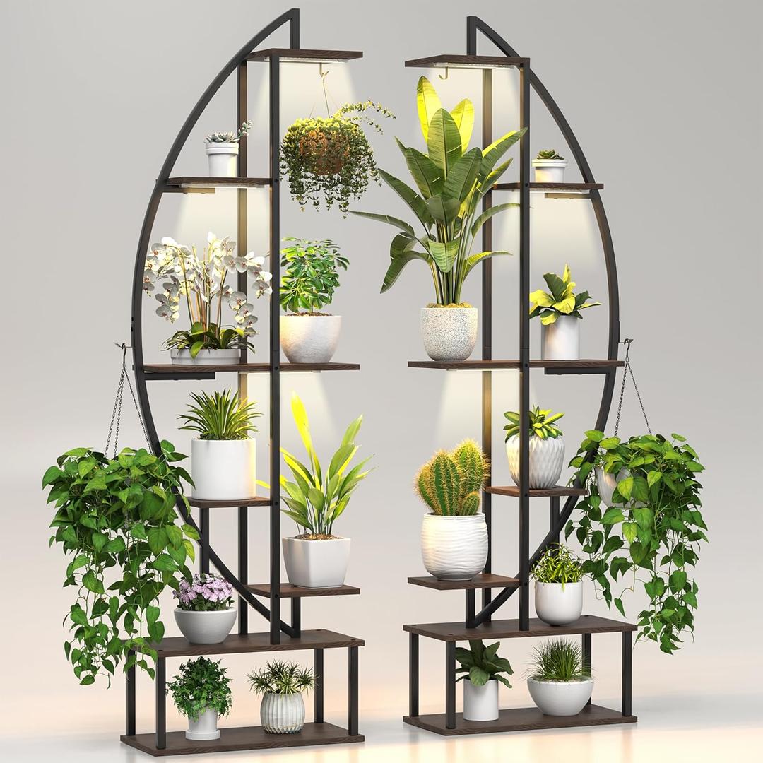Plant Stand Shelf Rack Indoor with 6 Built in Grow Light, 7 Tier 65" Tall Pair Large Half Moon Lighted Plant Stand with Hanging Hook, 2 Black Circle Sturdy Tiered Herb Shelving with Lighting (Dark Brown Board Black Metal 7 Tier 2 Pack)
