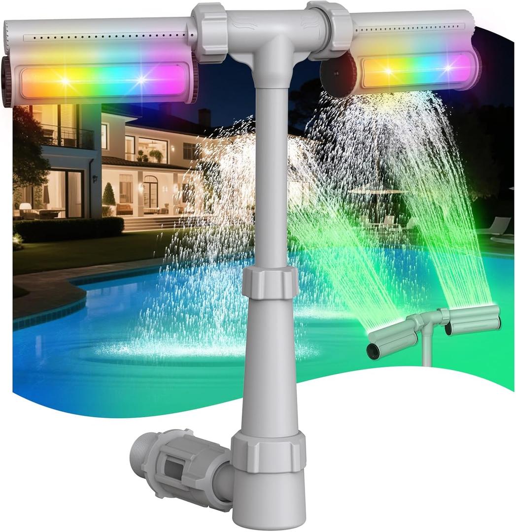 Swimming-Pool Waterfall Fountain w/Colorful Led-Lights - 7 Color Changing Above/Inground Pool Fountain Lights with Remote, Water Sprinkler Adjustable Height Pool Sprayer for Outdoor Yard Decoration