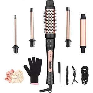 5 in 1 Curling Wand Set, Curling Iron Set with Curling Brush and 4 Interchangeable Ceramic Barrel Curling Wand (0.35”-1.25”), Fast Heating, Heat Protective Glove & 2 Clips