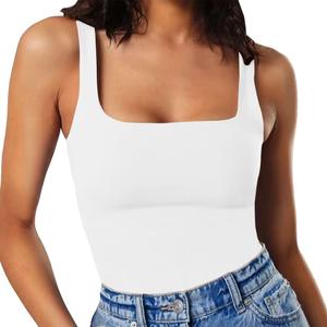 MISSJOY Women's Square Neck Sleeveless Slimming Going Out Tank Tops Bodysuits Clubwear (Medium, 1-white)