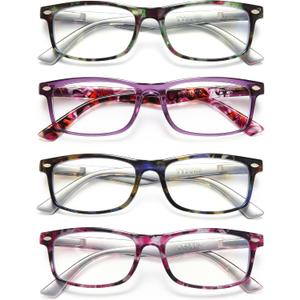 YTDNS Reading Glasses for Women, 4 pack Fashion Readers for Women Men Spring Hinge Eye Glasses, Blue Light Reading Glasses (Purple/Green/Pink/Blue)