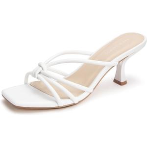 Women's Strappy Square Open Toe Kitten Heels Sandals Knotted Design Summer Fashion Slip On Mule Style (6, White Pu)