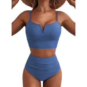 Herseas 2 Piece Swimsuit for Women High Waisted Leg Cheeky Bikini V Wire Modest Bathing Suit Summer Vacation Trendy Swimwear Misty Blue Medium