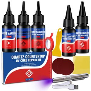 Quartz Countertop Repair Kit [30s UV Light Cure], 4 Colors(White, Gray, Beige, Clear) Professional Stone Chip Repair for Granite, Marble, Sink & Tile, Fast DIY Fix for Chips, Nicks, Cracks & Scratches