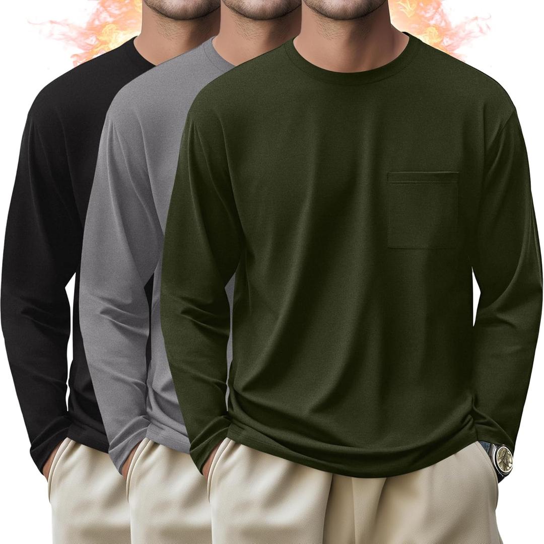 3 Pack Men's Big and Tall Long Sleeve Shirts Thermal Pocket T-Shirt Crew Neck Fleece Top Slim Fit Casual Tee (5X-Large, Black, Gray, Army Green)