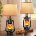 LEDIARY 18.72" Black LED Lantern Flickering Flame Table Lamps for Bedrooms Set of 2, Small Farmhouse Rustic End Table Lamps, Halloween Decorative Lantern Bedside Lamps for Living Room