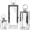 Allgala 2-PC Lantern Set 23 Inch Jumbo Deluxe Modern Indoor/Outdoor Candle Lantern Set Stainless Steel Frame Tempered Glass Rectangular Silver Chrome Color for Garden Poolside Fireplace Wedding. Glass piece missing