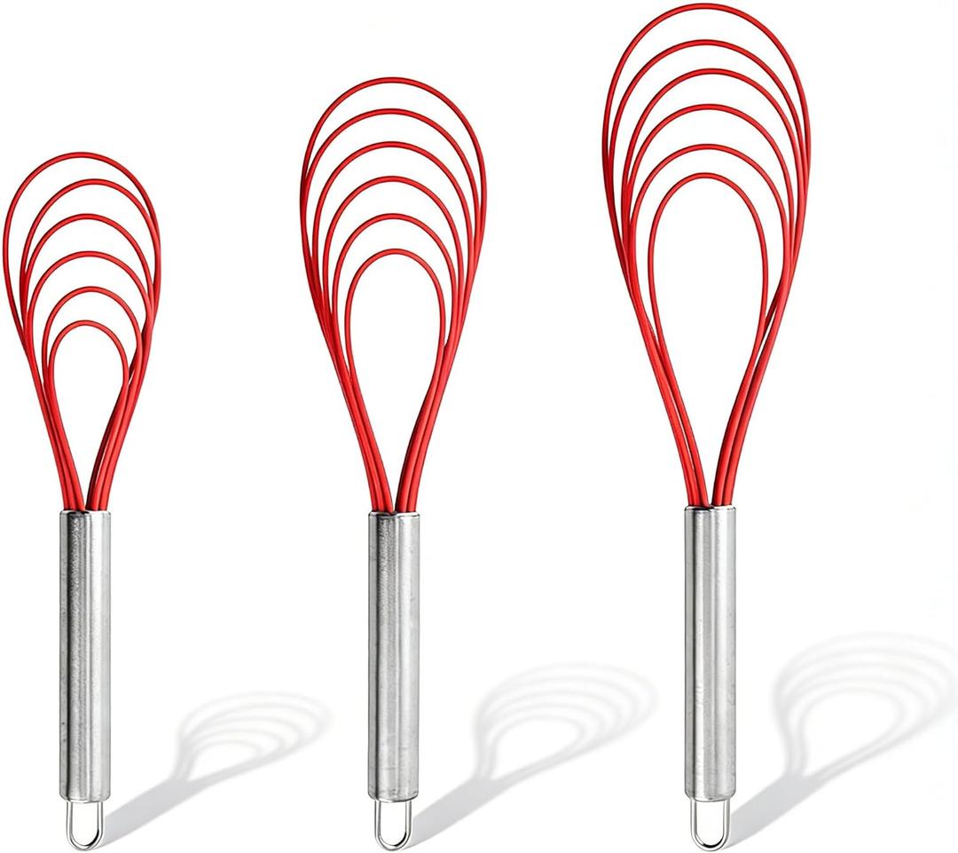 Flat Metal Whisk Set of 3, Stainless Steel Flat Whisk, Wire Egg Utensils Whisk for Cooking, Blending, Beating, Frothing & Stirring