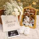 Yookeer 3 Pcs Pregnancy Announcement Sign Set, Include Vintage Gold Mirror Newborn Knit Baby Booties and White Marker Pregnancy Reveal Ideas Photo Backdrop for Coming Soon Baby Announcement