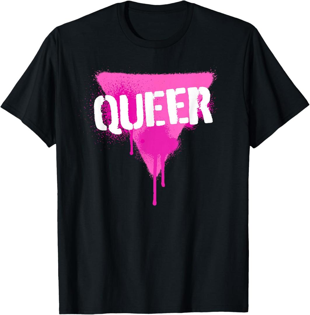 Queer Pink Triangle in Punk Spray Paint Stencil Style Font T-Shirt, S