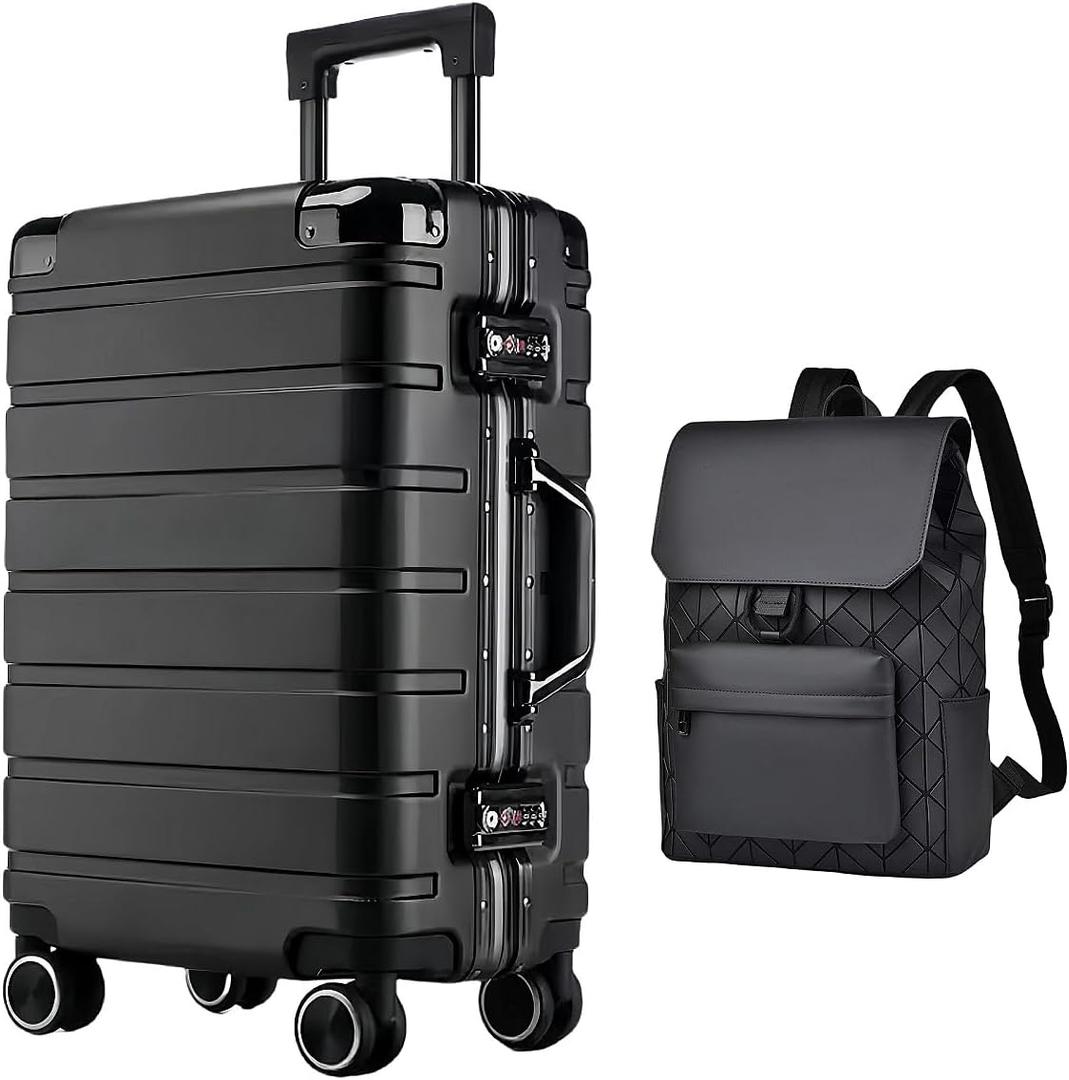 Carry-On Luggage, 2-Piece Carry On Luggage, plus a backpack | Airline-Approved Aluminum Frame | TSA Lock, 360 Spinner Wheels for Lightweight Travel (Black)