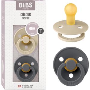 Bibs Pacifiers Color Collection, Set of 2 BPA-Free Latex Pacifiers Made in Europe, Round Nipple Baby Pacifier. (6+ Month (Pack of 2), Vanilla / Iron)
