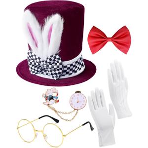 QLINLEAF White Rabbit Costume Bunny Ear Top Hat Rabbits Ears Topper Plush Hat Mad Hatter Set for Easter Halloween Cosplay (Burgundy)