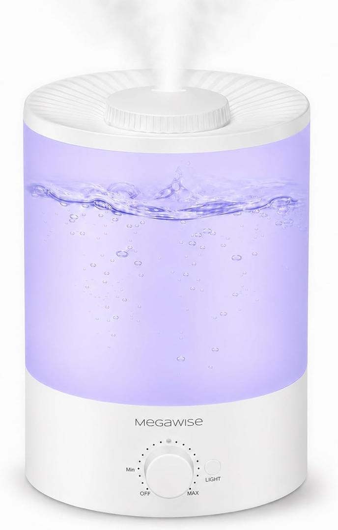 MegaWise Healthy Top-Refill Cool Mist Humidifiers for Bedroom, 24dB Ultrasonic Air Vaporizer with Water Filter for Baby [PP Material], Colorful Night Light,1 Gal Essential Oil Diffuser, Auto Shut Off (3.8 l)