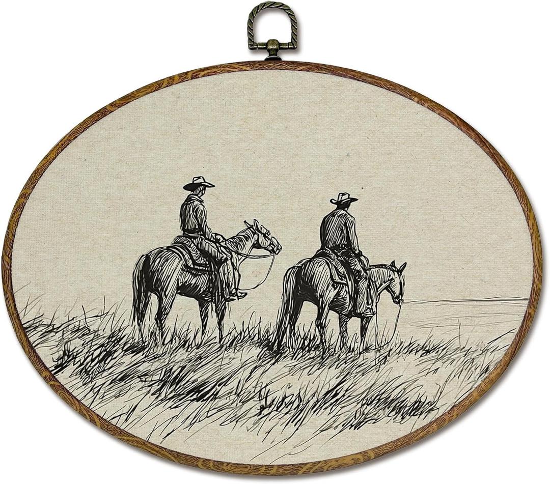 LKETW Vintage Western Cowboy Oval Wall Art Decor, Vintage Farmhouse Western Oval Canvas Hanging Decor, Retro Country Southwestern Rodeo Wall Decorations for Home Living Room Bedroom, 11.4x8.6 Inch