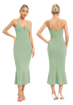 JLCNCUE Women's Spaghetti Straps V Neck Bodycon Mermaid Dress Elegant Ruffles Midi Dress Cocktail Evening Party Dress 325, Medium