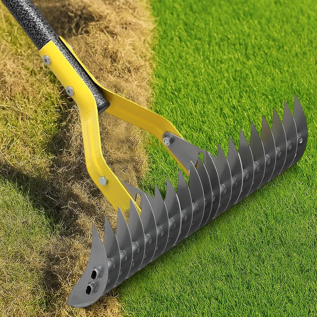 Heavy Duty Thatch Rake for Lawns -15" Dual-Action Dethatcher Thatching Rake with Sharp Blade for Dead Grass Removal, Soil Loosening, Lawn Dethatching,70" Manual Thatcher for Yard, Garden, Lawn
