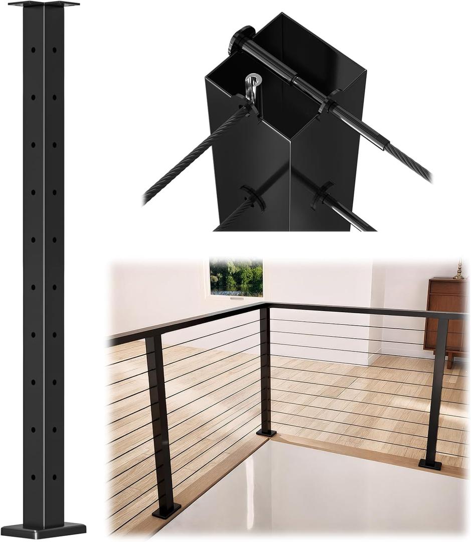 Muzata Black Corner Cable Railing Post 36 Inch 36"x2"x2" T-drilled One-Post Corner Solution Surface Mount Stainless Steel Cable Railing System Kit Indoor Outdoor with Paper User Guide PS02 B34S