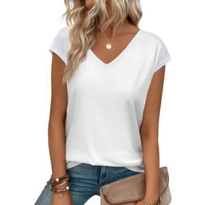 Womens Summer Tops Short Cap Sleeve Shirts V Neck Basic Tees Casual Fashion T Shirts (White, M)
