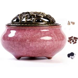 Ceramic Incense Burner with Incense Stick Holder + Insulation use for Stick or Coil Incense, Sage Cones and Frankincense (Violet)