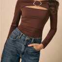 Floerns Women's Going Out Cut Out T Shirts Metal Ring Long Sleeve Casual Tee Shirts (L)