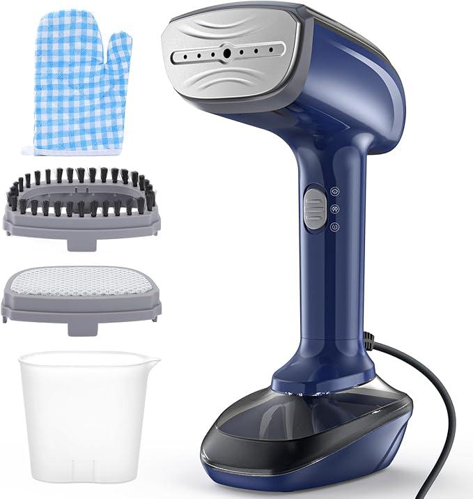 Powerful Handheld Fabric Steamer  1800W with Fast Ceramic HeatUp Plate, 2in1 Ironing & Wrinkle Remover, Steam Nozzle, Lint Brush  Blue, for US 120V Only
