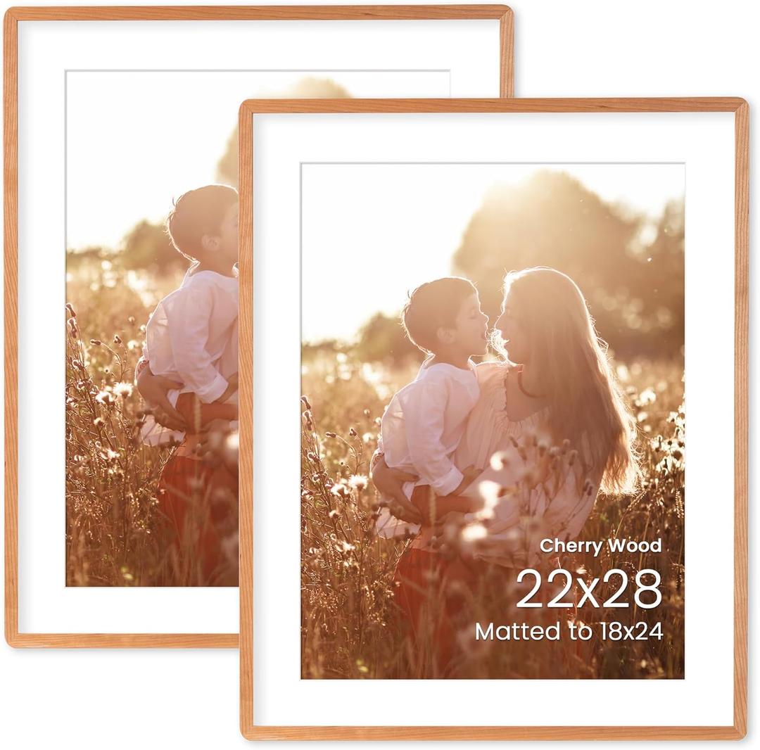 22x28 Poster Frame, Natural Solid Cherry Wood 22 x 28 Frame, Large Picture Frame HD Tempered Glass, Matted to 18x24, for Wall, 2 Pack