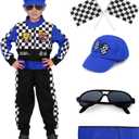 Latocos Kids Race Car Driver Costume Boys Girls Racer Jumpsuit With Car Cap Sunglasses Kids Dress Up Role Play for Halloween (M(7-9), Blue)