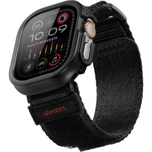 Rugged Case with Band for Apple Watch Ultra 1/2 Band 49mm, Hook and Loop Nylon Sport Strap with Case for Iwatch Men(Black) (49mm, Black)