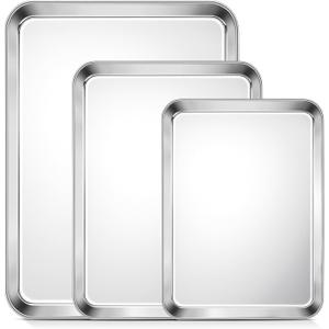TeamFar Baking Sheet Set of 3, 16/12.5/10.5 Inch Stainless Steel Cookie Sheets Baking Pans, Metal Oven Baking Tray for Cooking Roasting Serving, Non-Toxic & Mirror Finish & Dishwasher Safe