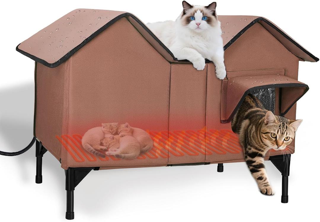 Extra Large Heated Cat House for Outside in Winter, Elevated Heated Outdoor Cat House Weatherproof with Heating pad, Insulated Outdoor Cat Shelter for Multiple Cats Small Dogs (Brown) (XL-Heated-02)