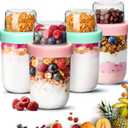 ComSaf 4-Pack 16 oz Overnight Oats Containers with Lids, Dual-Laryer Chia Pudding Jars with Dry and Wet Separation, Yogurt Parfait Cups for Oatmeal Cereal Nut Fruit, Meal Prep Glass Jars for Salad (Green Pink-16oz-4pcs)
