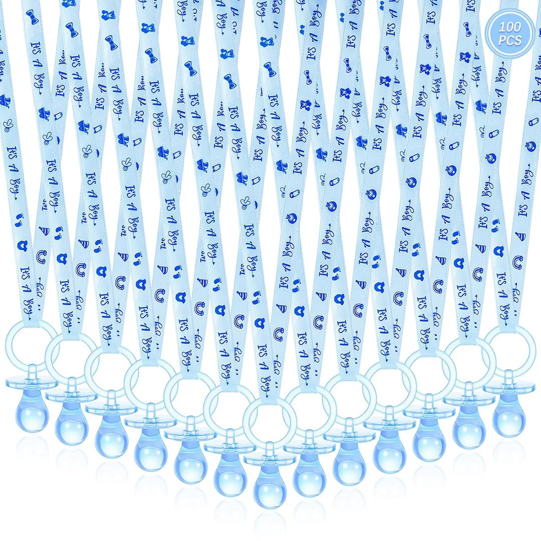 100 Pieces Baby Shower Pacifiers Necklace, Cute Acrylic Pacifier Necklaces for Chupones para Baby Shower Games Charm, Party Favors, Decorations DIY, Gender Reveal Table Scatter(Blue)