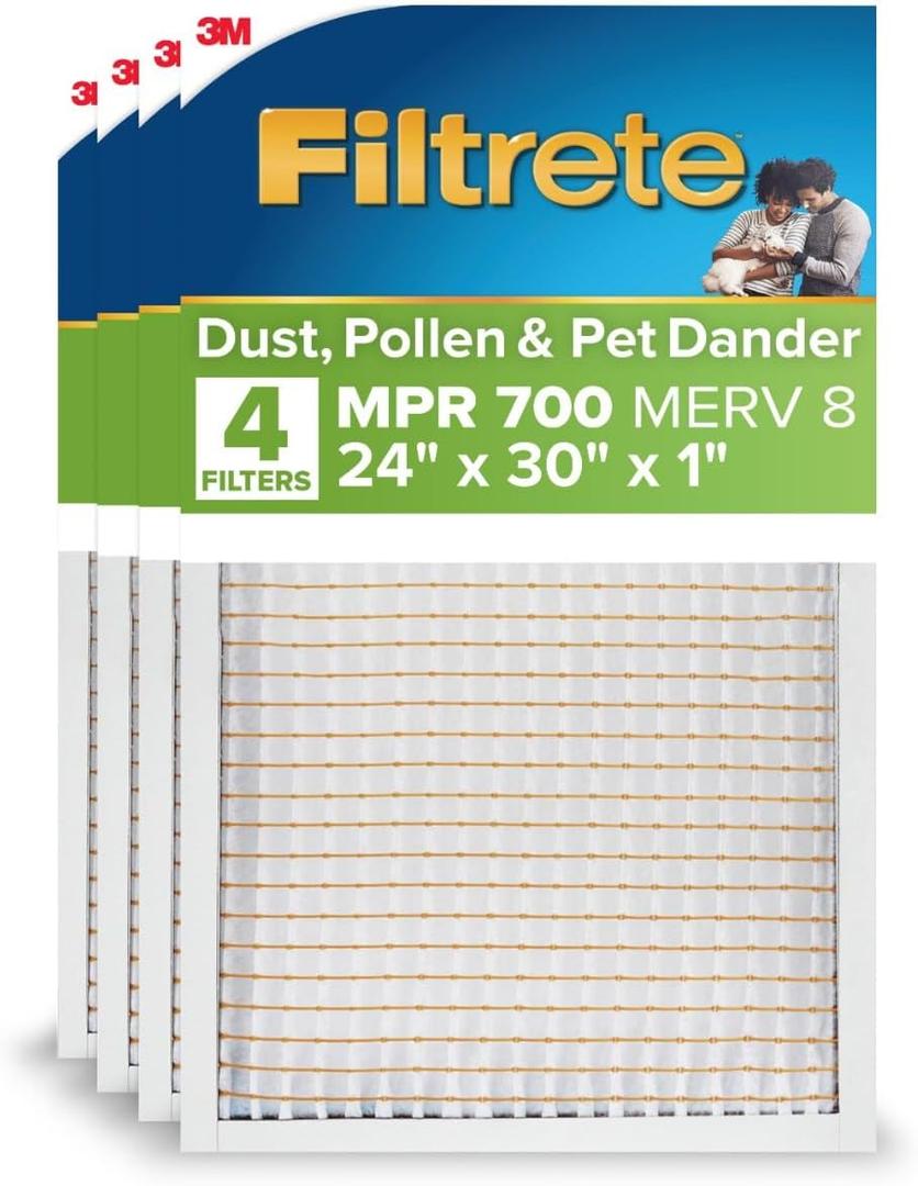 Filtrete 24x30x1 AC Furnace Air Filter, MPR 700, MERV 8, Tough on Pollen, Easy on Airflow, 3-Month Pleated 1-Inch Electrostatic Air Cleaning Filter, 4-Pack (Actual Size 23.81 x 29.81 x 0.81 in)