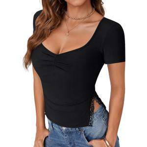 Rooscier Women's Sweetheart Neck Ruched Lace Slit Short Sleeve Sexy Going Out T Shirt Tops (Black)