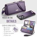 CaseMe for iPhone 15 Pro Max Wallet Case with RFID Blocking Card Holder for Woman, 2-in-1 Slim Detachable Phone Cases & PU Leather Crossbody Strap Zipper Purse Bag for iPhone 15 Pro Max 6.7", Purple
