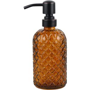 SDlumeiy 16 oz Glass Soap Dispenser with Stainless Steel Vintage Brushed Bronze Pump Head, Refillable Gemstone Pattern Soap Dispenser for Hand Soap, Dish Soap, and Lotion (Amber)